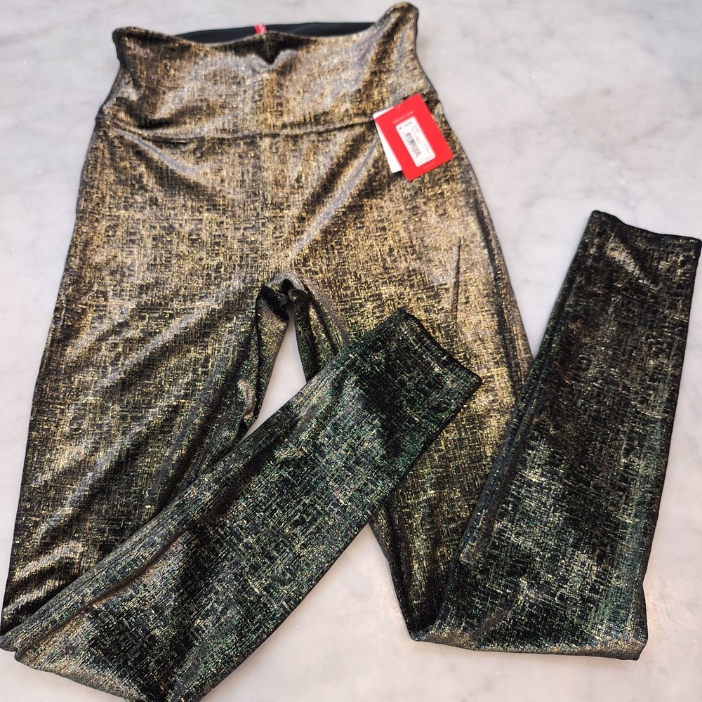 New Spanx Velvet Shine Leggings Med Blk Gold Metallic Shimmer Holiday Costume